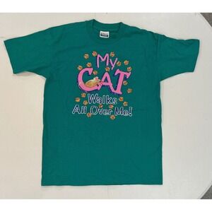 VTG USA Made Single Stich 90s Cat Lady T-Shirt McBling Green Glitter Cat Lady L